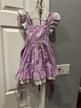 Eleanor Rose Lavender Floral Ruffle Pinafore Dress with White Eyelet Trim